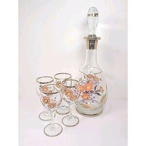 Vintage Floral Handpainted Decanter W/ Set Of 4 Glasses Gold Trimmed
